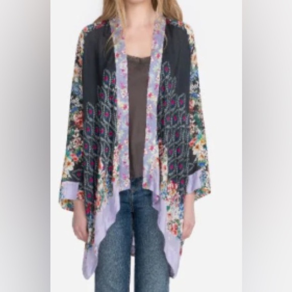 Johnny Was Shae Printed Silk Kimono Floral Mixed Print Purple Black Size Small - Picture 2 of 16